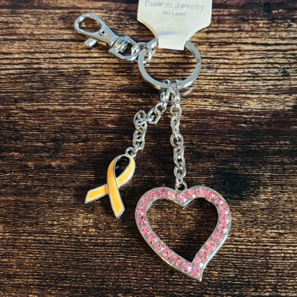 Yellow Awareness Ribbon Heart Keychain Pink Rhinestone Silver Tone Bag Charm NEW